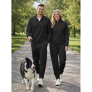 Ensemble de survêtement décontracté pour homme, noir, avec sweat-shirt à col montant zippé à quart de tour et pantalon de jogging, sans coutures, respirant, tricoté, pour l'hiver - Product Image 6