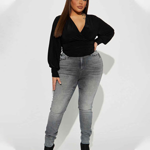 Plus Size Women's High Waist Dark Wash Skinny <b>Jeans</b> Full Length Solid Color <b>Button</b> <b>Fly</b> Casual Style Spandex Cotton Blend - Product Image 3