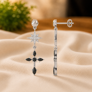 Pendientes Colgantes de Plata de Ley 925 con Cruz de Estrella y Gema Negra Marquise, Joyería para Mujer para Bodas y Fiestas - Product Image 2