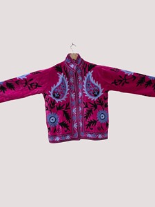 Hand Embroidered Floral <b>Velvet</b> Mandarin Collar Jacket Full Sleeve Elegant Women's Plus Size Regular Length Winter Coat - Product Image 1