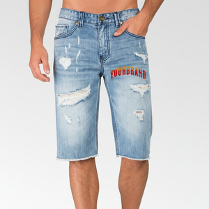 กางเกงยีนส์ขาสั้นทรงเอวกลางแบบซักกรดสีพื้นสำหรับผู้ชาย แต่งปลายขาแบบขาดๆ ปักลายตามสั่ง สไตล์ไฮสตรีท สำหรับฤดูใบไม้ร่วง - Product Image 1