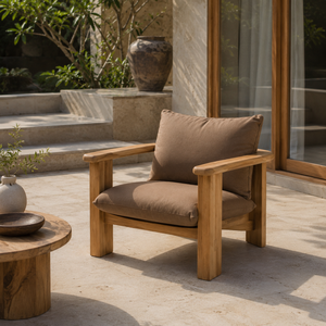 Sillón de exterior moderno de madera de teca con cojín marrón, silla de patio de madera maciza para jardín, para hoteles, resorts y villas. - Product Image 1