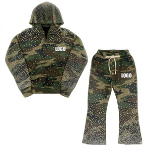 Ensemble de jogging hiver en coton épais 100 % avec strass, sweat à capuche et pantalon de survêtement, imprimé numérique DTG personnalisé, couleur unie - Product Image 1