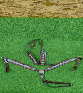 Western horse chest collar <b>leather</b> breastplate geometric bead concho stud <b>harness</b> adjustable strap riding halter gear set - Product Image 4