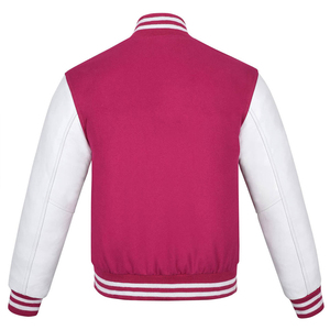 <b>Mens</b> Magenta <b>White</b> Varsity Style <b>Jacket</b> Wool Sleeves Quilted Lining Striped Ribbed Trim Stand Hooded Winter Urban Streetwear - Product Image 2