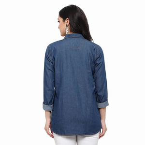Chemise en jean pour femmes, manches longues, col rabattu, couleur unie, haut décontracté avec poches, vêtements d'automne - Product Image 5