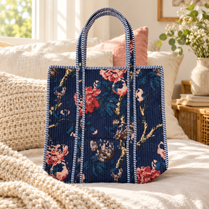 Artisan <b>Inspired</b> Navy Blue Cotton Quilted Tote <b>Bag</b> Romantic Floral Garden Print Women Shoulder Handbag <b>Wholesale</b> - Product Image 5