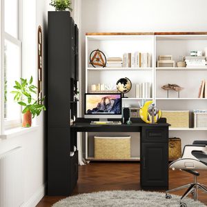 Modern Style L-Shaped Corner Computer <b>Desk</b> <b>Drawers</b> Bookshelf Hutch Black Home Office Study <b>Desk</b> 2-in-1 Design for <b>Large</b> Working - Product Image 3