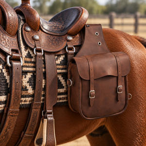 Sacoche de selle en cuir marron de qualité supérieure |   Pochette de rangement pour selle de cheval western avec deux compartiments latéraux et sangles à boucle pour l'équitation - Product Image 4