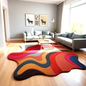 <b>Hand</b> <b>Tufted</b> Multicolor Wavy Abstract Wool <b>Rug</b>, Irregular Organic Shape Area Carpet for Living Room Bedroom Home Decor Wholesale - Product Image 1