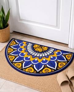 Alfombra de entrada bohemia de medio círculo con patrón de medallón azul y amarillo, antideslizante para exteriores con base de goma - Product Image 6