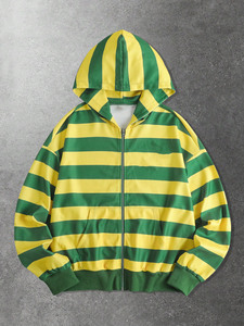 Sudadera con capucha unisex verde y amarilla a rayas, corte holgado, con cremallera, de punto casual, 450 GSM, poliéster, top corto, marca privada - Product Image 2