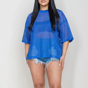 Camiseta de Manga Corta con Cuello Redondo para Hombre, Azul, de Malla, Corte Holgado, Informal, Tejida, Transpirable, de Color Sólido, Largo Regular, Spandex/Algodón - Product Image 1