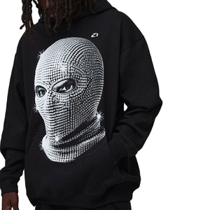 Black <b>Pullover</b> <b>Men</b>’s Hoodies Rhinestone Mask Graphic Heavyweight Cotton Fleece Oversized Streetwear Custom Manufacturing - Product Image 1