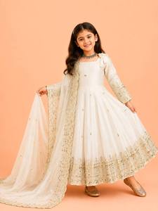 White Traditional Indian Pakistani Girls' Silk Micro Cotton Anarkali Suit Embroidered Dupatta Floor-Length Wedding Wear Quick - Product Image 3