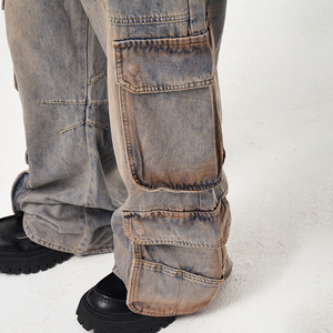 Pantalon cargo en denim délavé pour homme JAYCAN SPORTS, coupe régulière, multi-poches, streetwear, jambe large, coton mi-lourd, respirant - Product Image 6