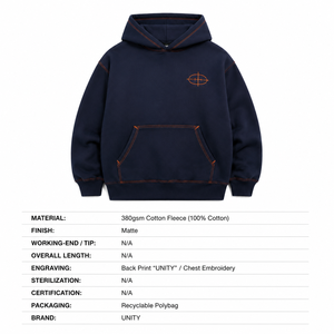 เสื้อฮู้ดดี้ผู้ชายผ้าฝ้ายฟลีซ 380GSM สีกรมท่า แต่งตะเข็บสีส้ม สไตล์สตรีทแวร์ แห้งเร็ว เป็นมิตรกับสิ่งแวดล้อม - Product Image 6