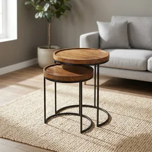 Modern Nested Wood <b>Side</b> <b>Tables</b> Minimalist Design Black Metal Frame Living Room Furniture Wooden Iron Nesting <b>Set</b> - Product Image 5