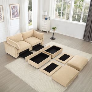 Divano a 2 Posti in Tessuto Chenille con 2 Cassetti Estraibili e Pouf Mobili, Divano da Soggiorno a 2 Posti con Poggiapiedi - Product Image 4