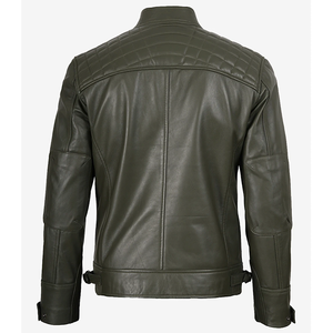 Veste en cuir de vache véritable vert olive pour homme, édition limitée, avec col montant, fermeture éclair, coupe ajustée, coupe-vent - Product Image 2