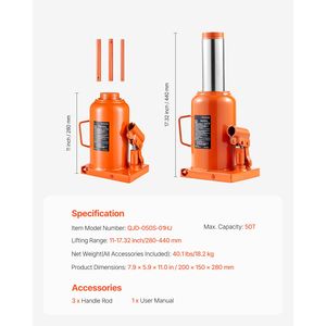 Martinetto idraulico a bottiglia saldato da 50 tonnellate/110231 libbre, a 3 sezioni, con manico lungo, portata di sollevamento 11FT 17.32FT, capacità di carico 20T per uso automobilistico - Product Image 4