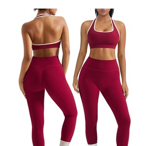 Conjunto Deportivo de 2 Piezas con Cuello Redondo, Leggings de Cintura Alta, Color Sólido, Costuras en Contraste, Transpirable, Ecológico, Ideal para Yoga - Product Image 1