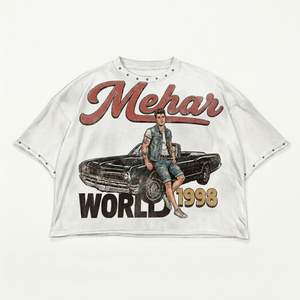 เสื้อยืดโอเวอร์ไซส์ทรงครอป แขนสั้น พิมพ์ลายวินเทจ ผ้าเจอร์ซีย์คอตตอน คอกลม ลายกราฟิก สำหรับผู้ชาย ยี่ห้อเมห์าร์ ดีไซน์ปี 1998 - Product Image 1