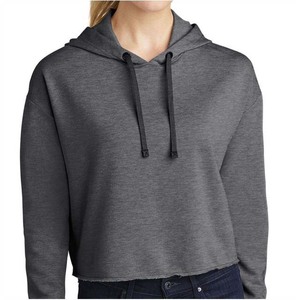 Sweat-shirt à capuche pour femme, coupe courte, à cordon de serrage, manches longues, couleur unie, en coton tricoté, gris - Product Image 1