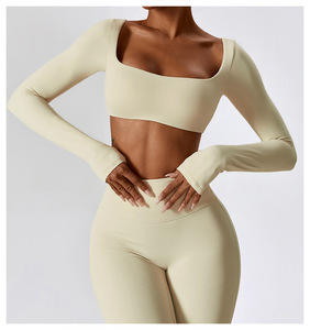 Women 2 Piece Yoga <b>Set</b> <b>Square</b> Neck Crop Top High Waist Full Length Leggings Seamless Solid Pink Activewear Workout - Product Image 2