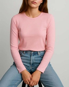 Camiseta de Manga Larga Rosa Extra Grande para Mujer, 100% Algodón Ecológico de Alta Calidad, Cuello Redondo, Estilo Casual Elegante - Product Image 6