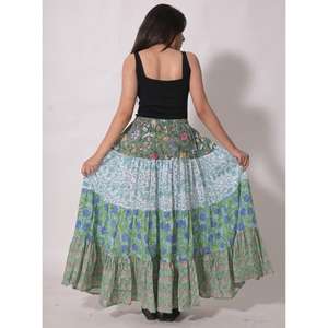 กระโปรงยาวลายดอกพิมพ์บล็อกผ้าฝ้ายสไตล์โบฮีเมียน งานแฮนด์เมด ซักได้ ดีไซน์จีบระบาย สำหรับผู้หญิง ใส่ในช่วงฤดูร้อน - Product Image 4