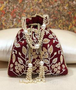 Pearl Handle Maroon Silk Embroidered Potli Bag <b>Drawstring</b> Gift <b>Pouch</b> Wedding Case Women Clutch Coin Purse Storage Container - Product Image 4