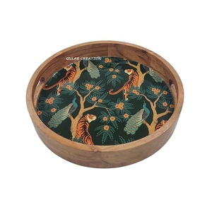 Bandeja Redonda de Madera de Acacia para Servir, Bandeja Decorativa de Madera con Diseño Artístico para Té, Café, Aperitivos, Entretenimiento EN EL Hogar - Product Image 1