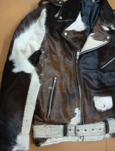 Cowhide Patchwork Faux Fur Moto Biker Jacket With Zipper Closure Stand Collar Winter Outerwear - Product Image 3