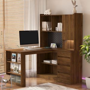 Modern LED Light L-Shaped Desk with Charger Drawers Bookshelf for Home <b>Office</b> <b>Computer</b> Desk by 'L Shaped St' - Product Image 1