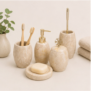 Ensemble d'accessoires de salle de bain en marbre, fait main, en pierre naturelle, organiseur de vanité avec distributeur de savon, porte-brosse à dents et plateau rond - Product Image 5