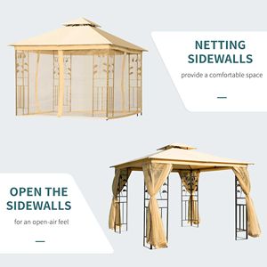 Gazebo Beige 10 X 10 con Tetto a 2 Livelli e Struttura in Acciaio Rivestito con Pareti Laterali in Rete per Decorazioni Esterne in Giardini, Terrazze o Cortili - Product Image 4
