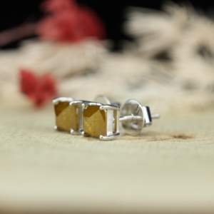 Real Yellow Citrine Solitaire Stud <b>Earrings</b> 925 Sterling Silver High Polish Square Faceted Dainty Claw Setting Push <b>Back</b> Gift - Product Image 3
