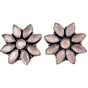 Pendientes de tuerca con engaste floral bohemio de latón chapado en plata antigua para mujer |   Joyería de Aniversario Vintage - Product Image 2