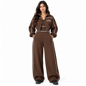 <b>Women's</b> Mocha <b>Brown</b> Track Suit White Piping Zip <b>Jacket</b> Matching Inner Top Wide Leg Pants Custom OEM Private Label Wholesale - Product Image 1