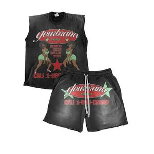 Ensemble short et t-shirt unisexe 2026 personnalisé, style streetwear, 100 % coton, respirant, effet délavé, sérigraphie, logo personnalisé, effet vieilli - Product Image 5