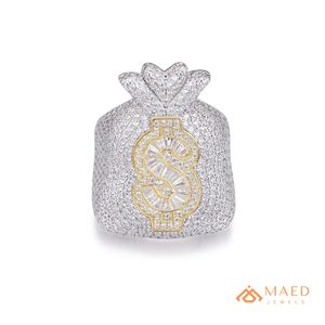 <b>Mens</b> Silver Tone Moissanite Gold Plated Money Bag <b>Ring</b> Hip Hop Statement Jewelry <b>for</b> Wedding & Anniversary Fashion Wear - Product Image 1