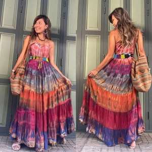 Vestido Maxi Tie Dye Natural con Capas para Mujer, Estilo Bohemio, Informal, para Playa, Verano, 100% Algodón - Product Image 2