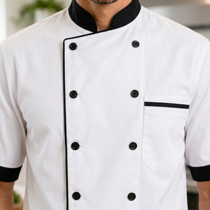 Custom Chef Coat Short Sleeve Mandarin Collar Breathable Stretch TR Spandex <b>Kitchen</b> Uniform with Logo - Product Image 5