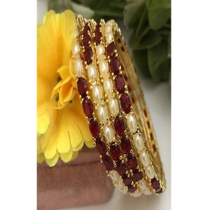 Exclusive Premium Quality Brass <b>Gold</b> Plated Imitation Pearls Ethnic Four <b>Set</b> <b>Bangles</b> for Wedding/Functions Wear Women - Product Image 1