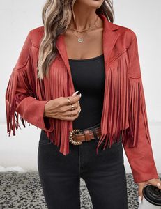 Blazer court rouge en faux daim à franges pour femme, manches longues, ouvert sur le devant, veste d'extérieur tendance automne - Product Image 5