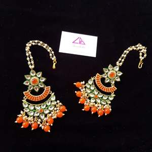 Gold Plated Alloy Wedding Drop Earrings with Orange Pearls and Kundan Stone - Product Image 1