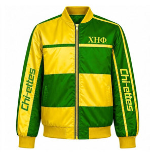 เสื้อแจ็คเก็ตเบสบอลหญิง Chi Eta Phi Sorority Chi รุ่น Varsity สีเขียวและเหลือง แต่งแถบสี ซิปด้านหน้า พร้อมโลโก้ Chi - Product Image 1
