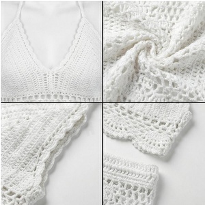 <b>White</b> Crocheted 2 Piece Bikini Set Halter Top With <b>Lace</b> Shorts Women Beachwear Handmade Cotton Breathable Swimwear - Product Image 4