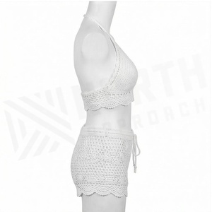 <b>White</b> Crocheted 2 Piece Bikini Set Halter Top With <b>Lace</b> Shorts Women Beachwear Handmade Cotton Breathable Swimwear - Product Image 3